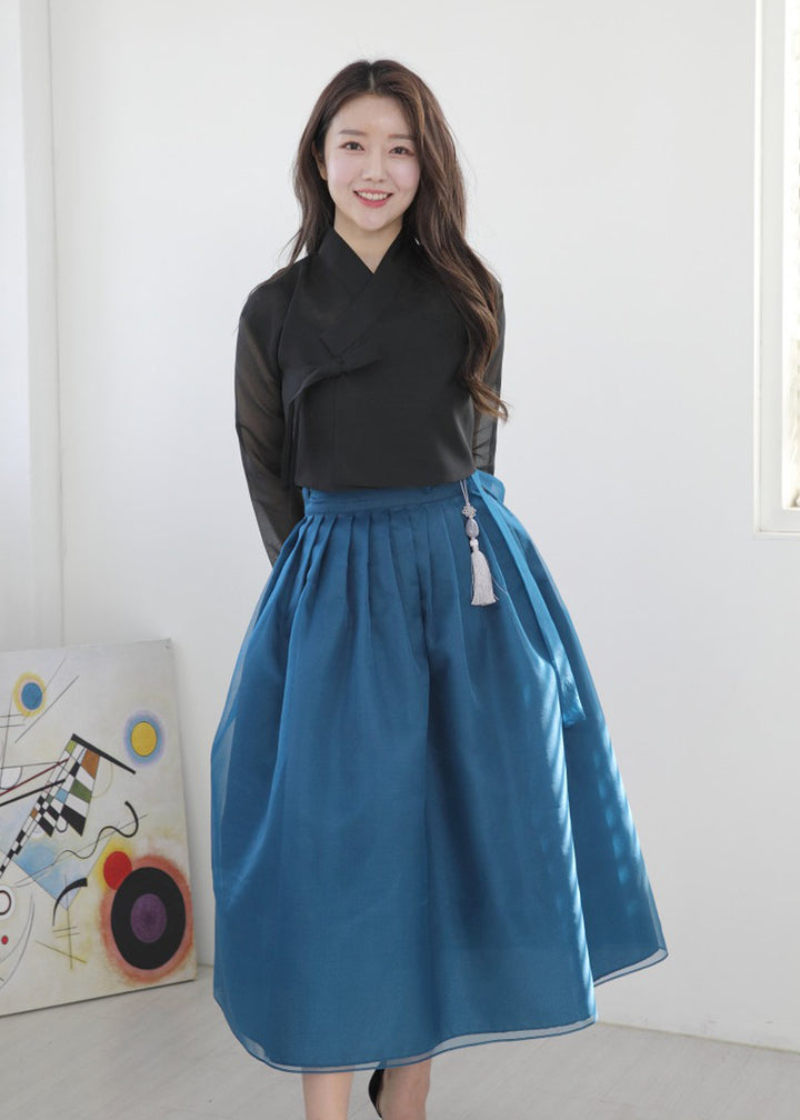 Korean Modern Daily Hanbok Casual Modernized Party Celebration Dress Top Jeogori Skirt Black Blue SSN016