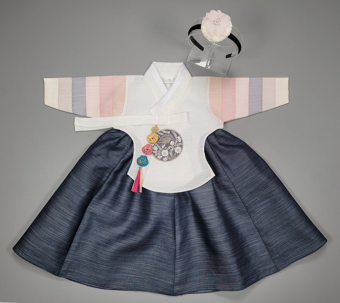 Hanbok Dress Girl Baby Korea Traditional Clothing Set First Birthday Celebration Party 100th Birth1–15 years White Navy HG155