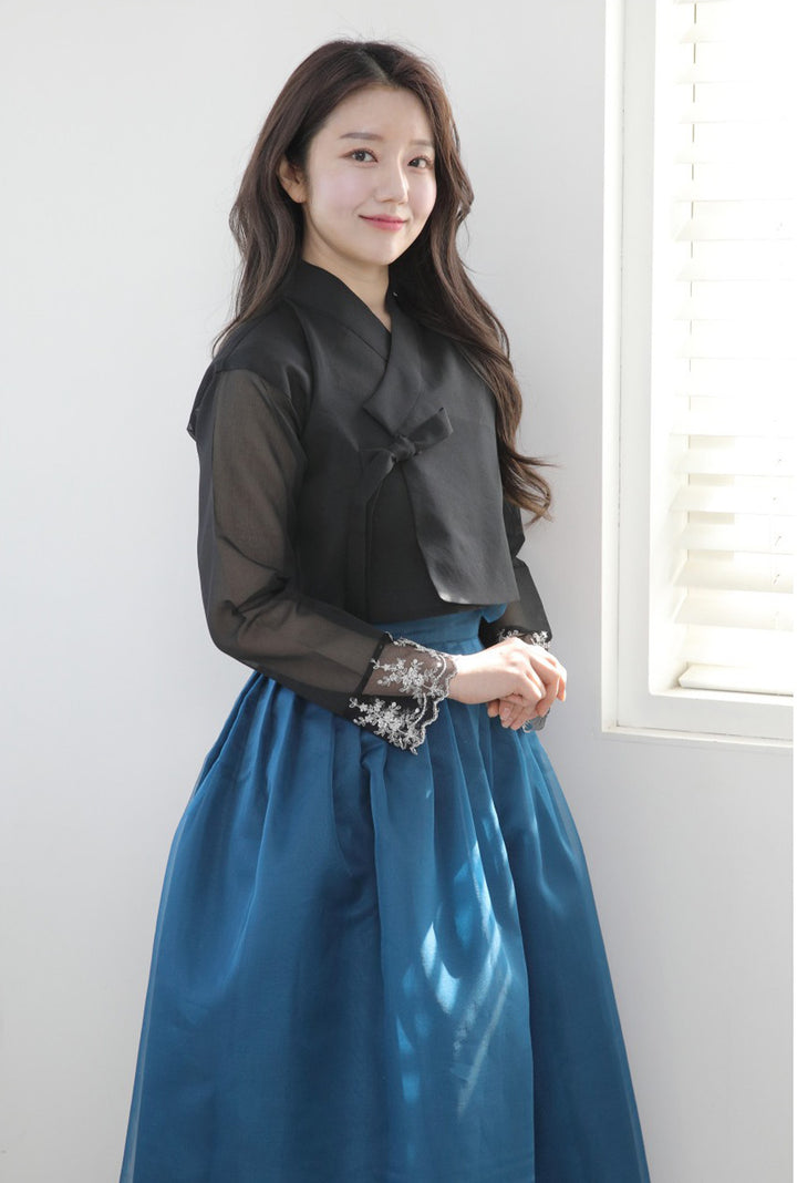 Korean Modern Daily Hanbok Casual Modernized Party Celebration Dress Top Jeogori Skirt Black Blue SSN016