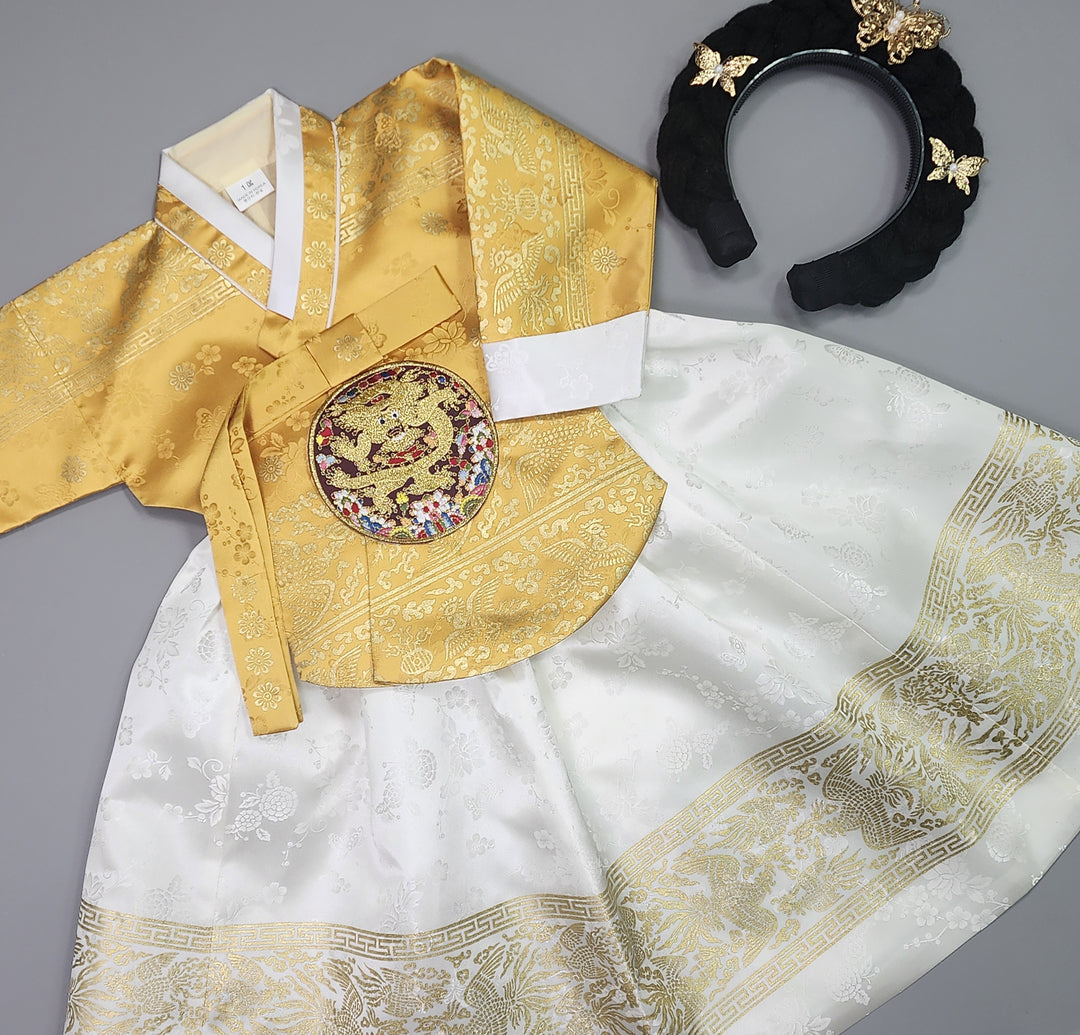 Hanbok Girl Baby Korea Traditional Clothing Set First Birthday Celebration Party Celebration 1–10 Years White Skirt Gold Print HG133