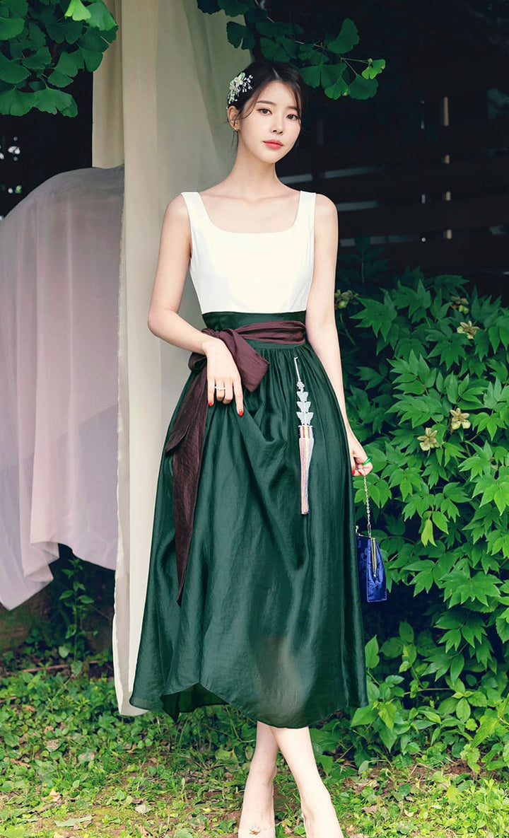 Korean Modern Hanbok Green Dress Beige Jacket Fancy Casual Daily Clothing Fusion Hanbok Summer party CHD313