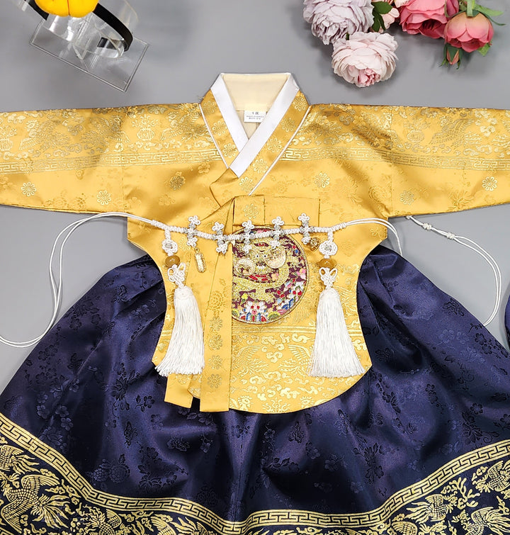 Hanbok Girl Baby Korea Traditional Clothing Set First Birthday Celebration Party Celebration 1–10 Years Gold Navy Gold Print HG116