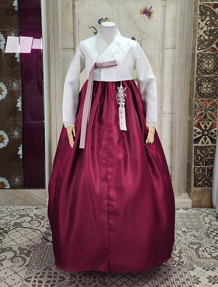 Korean Traditional Woman Personal Custom Hanbok Wedding Party Ceremony Ivory Wine Hanbok OSW011