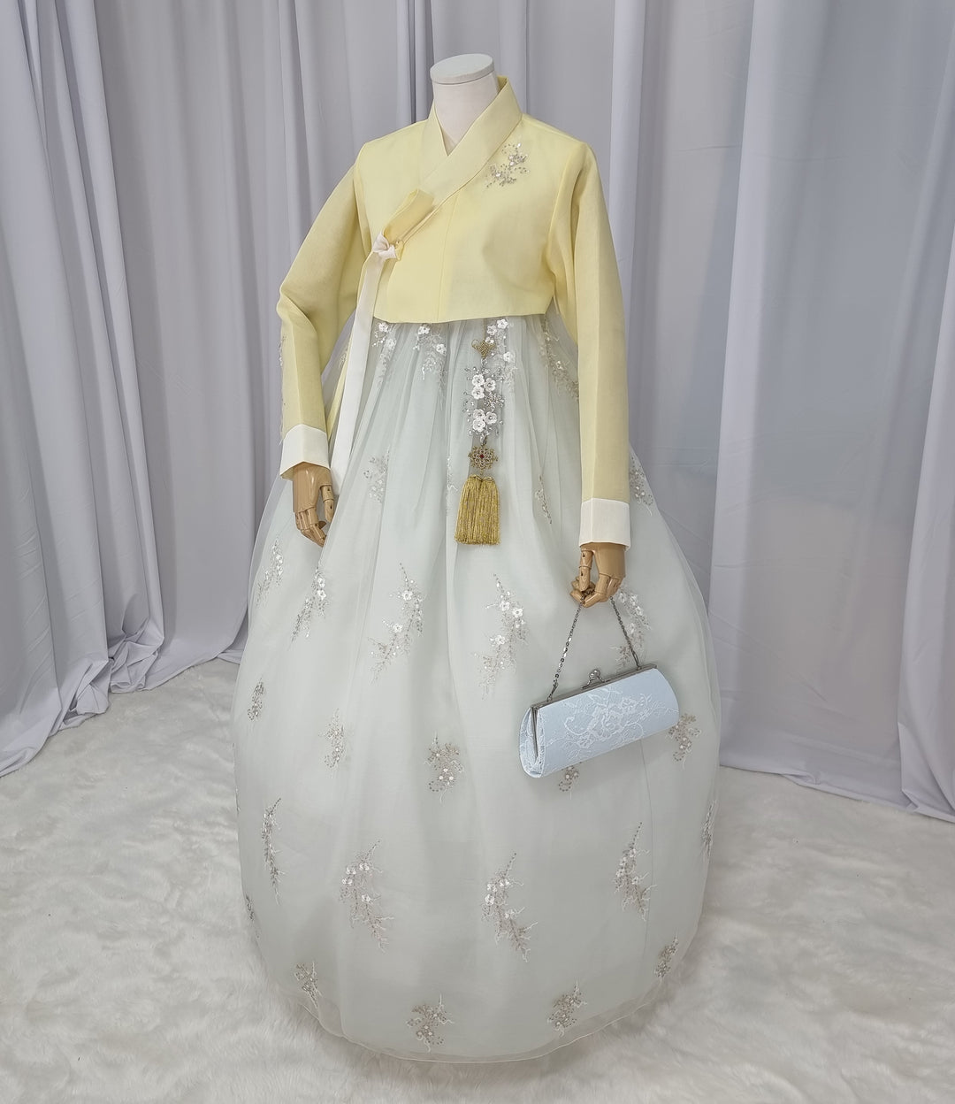 Woman Hanbok Dress Korea Traditional clothes Set Wedding Ceremony Birthday Custom-Made Yellow Beads OSW554