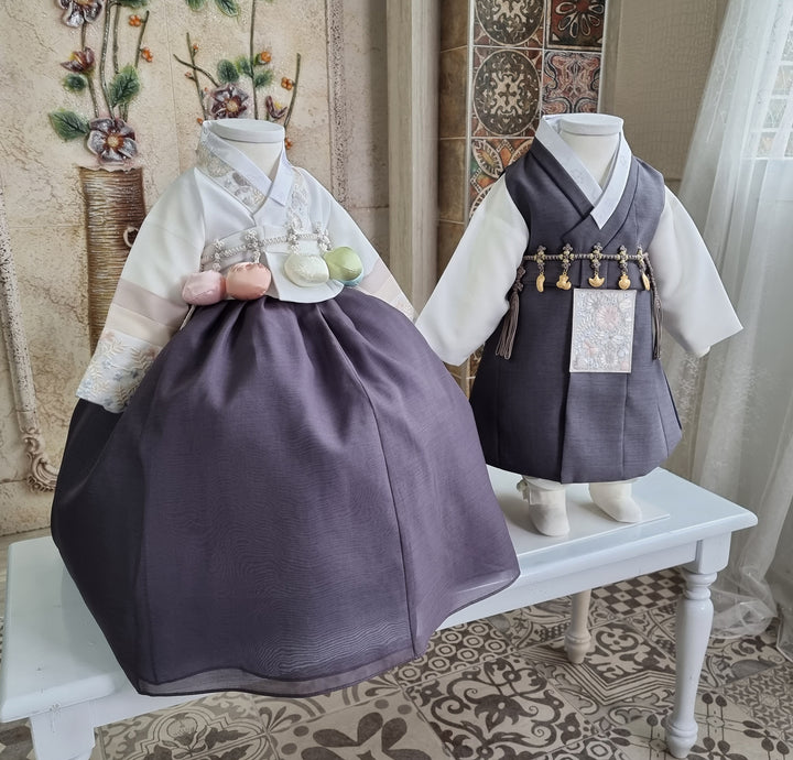 Hanbok Boy Girl Baby Korea Traditional Clothing Set First Birthday Celebration Party 100th Birth Celebration 1–15 years Dark Gray HGB207