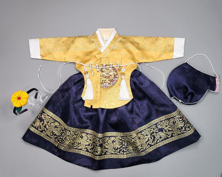 Hanbok Girl Baby Korea Traditional Clothing Set First Birthday Celebration Party Celebration 1–10 Years Gold Navy Gold Print HG116