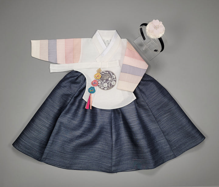 Hanbok Dress Girl Baby Korea Traditional Clothing Set First Birthday Celebration Party 100th Birth1–15 years White Navy HG155