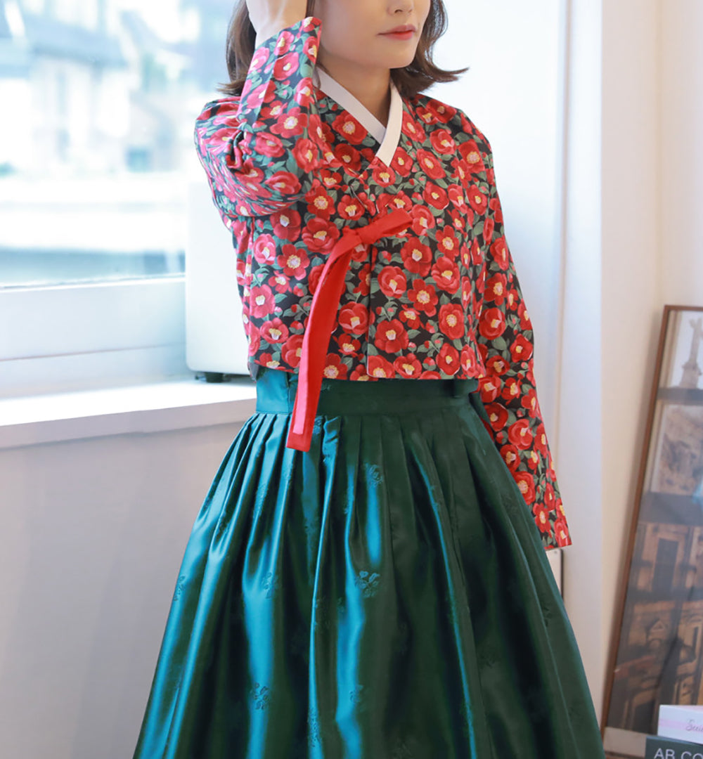 Korean Modern Daily Hanbok Casual Modernized Party Celebration Dress Top Jeogori Skirt Red Flower Green SSN019