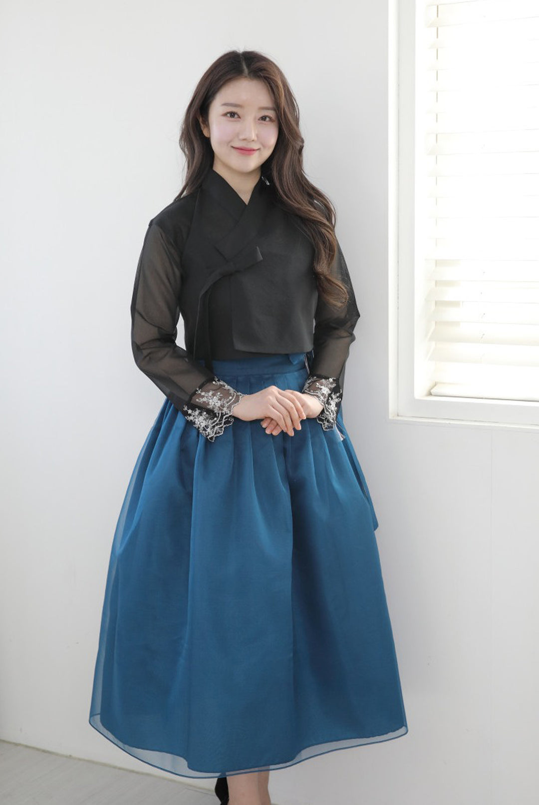 Korean Modern Daily Hanbok Casual Modernized Party Celebration Dress Top Jeogori Skirt Black Blue SSN016