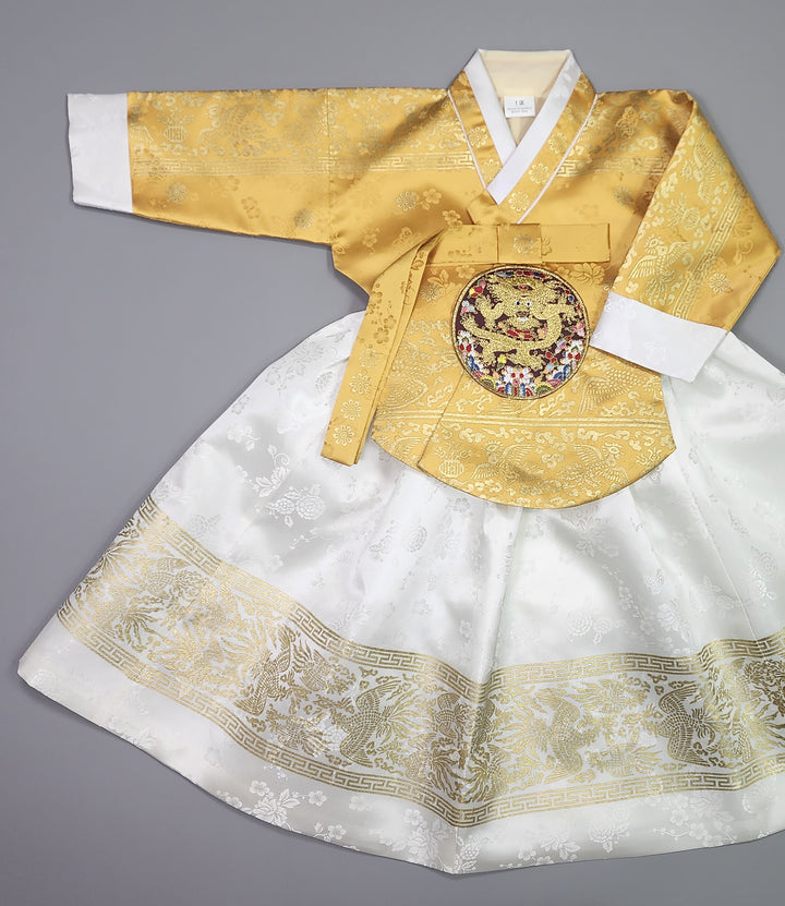 Hanbok Girl Baby Korea Traditional Clothing Set First Birthday Celebration Party Celebration 1–10 Years White Skirt Gold Print HG133