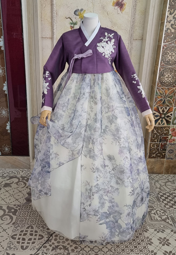 Korean Traditional Woman Personal Custom Hanbok Wedding Party Ceremony Purple Flower Print Hanbok Skirt Mom Grandmom Hanbok OSW140