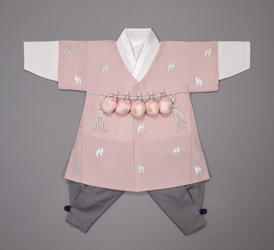 Korean Traditional Boy Baby Hanbok Dol Baikil Party Celebration 100th-10 Ages Pink Bird Silver Print HGB114