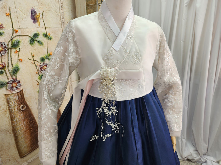 Korean Traditional Woman Personal Custom Hanbok Wedding Party Ceremony White Lace Embroidery OSW005