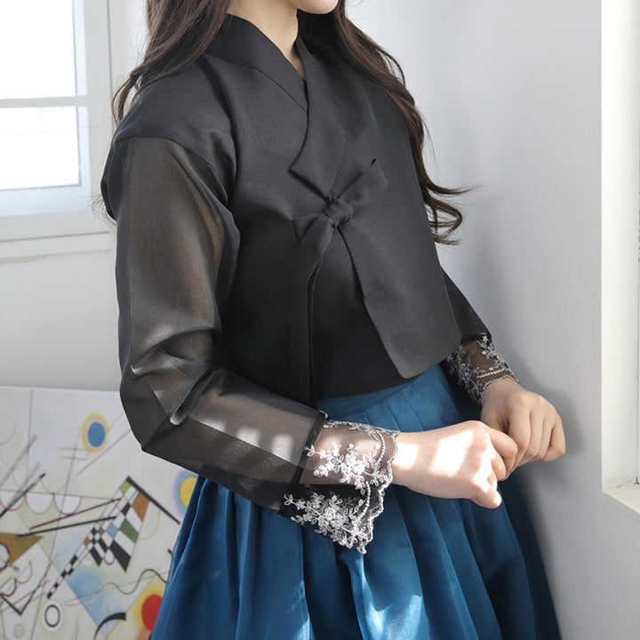 Korean Modern Daily Hanbok Casual Modernized Party Celebration Dress Top Jeogori Skirt Black Blue SSN016