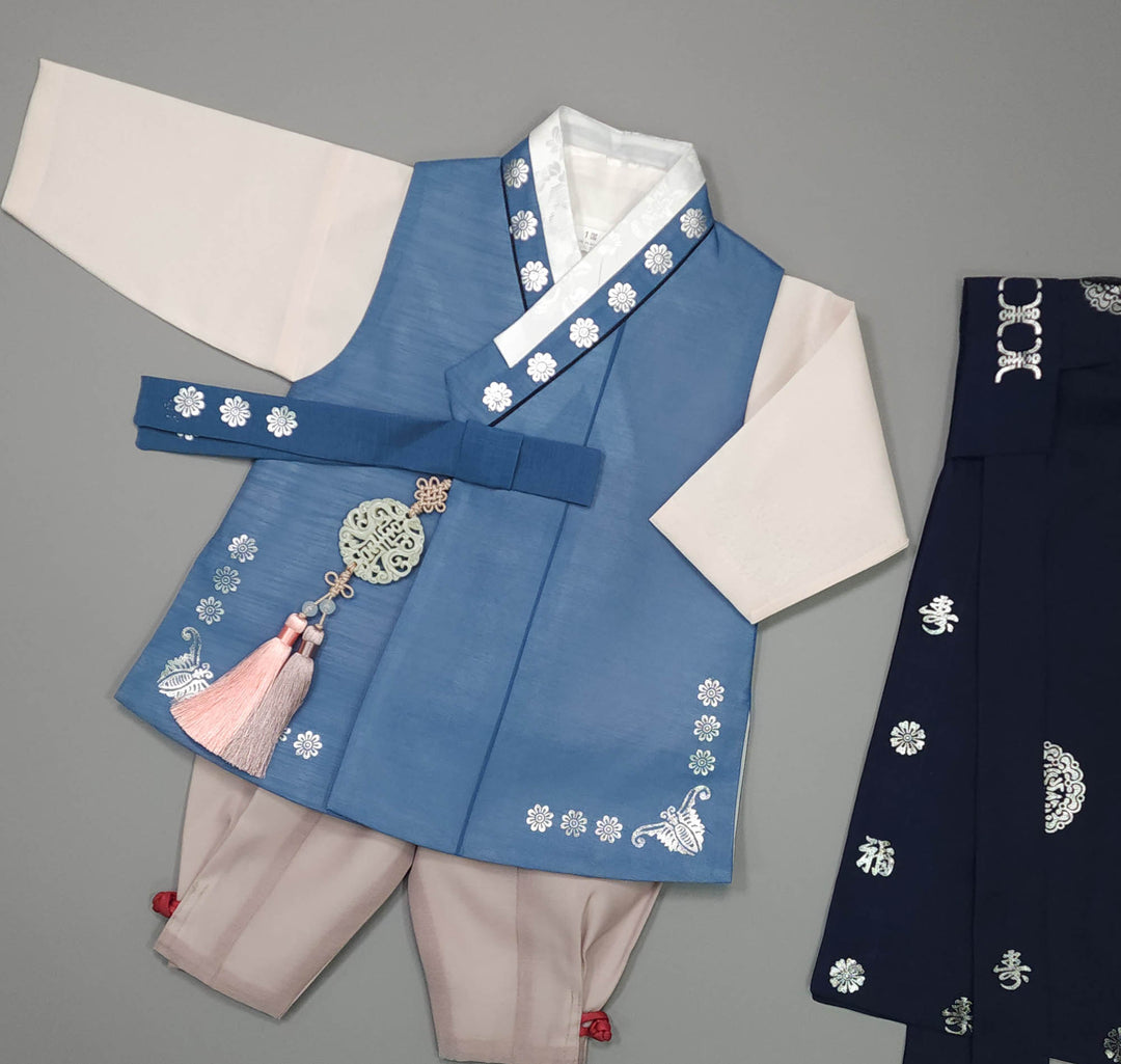 Korean Traditional Boy Baby Hanbok Dol Baikil Party Celebration 100th-15 Ages Blue Silver Print JYB106