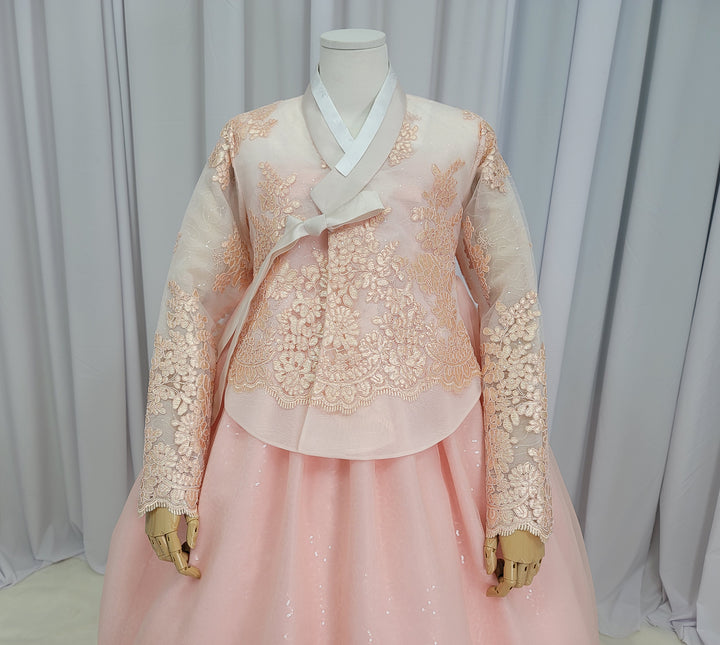 Korean Traditional Fancy Woman Personal Custom Hanbok Wedding Party Ceremony Mom Daughter Couple Look Pink Peach Lace Hanbok OSF138