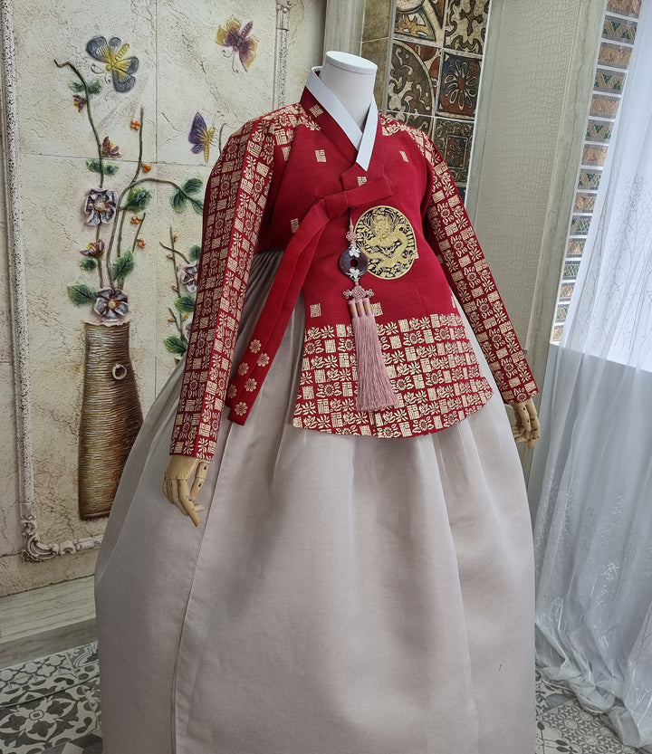 Korean Traditional Fancy Woman Personal Custom Hanbok Wedding Party Ceremony Mom Daughter Couple Look Wine Red Gold Print Hanbok OSF134