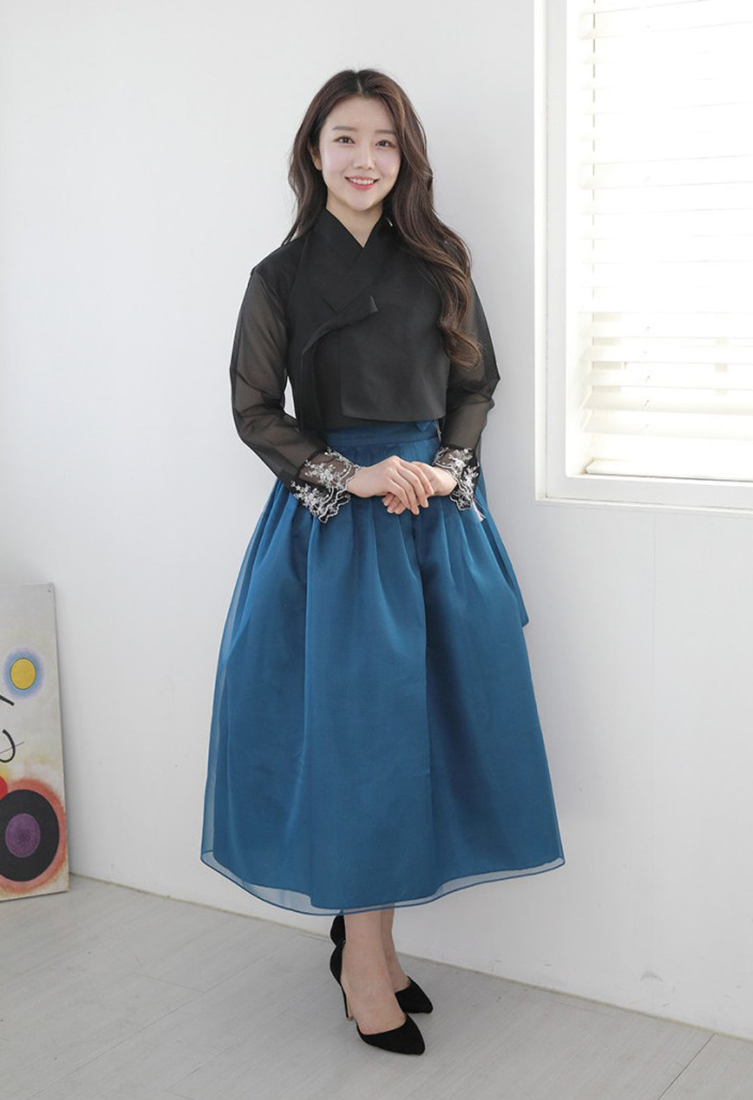 Korean Modern Daily Hanbok Casual Modernized Party Celebration Dress Top Jeogori Skirt Black Blue SSN016