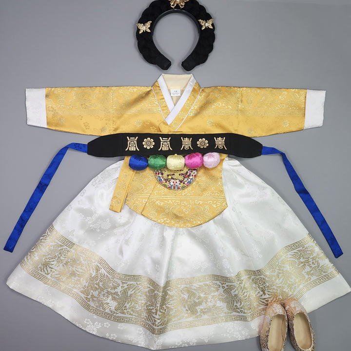 Hanbok Girl Baby Korea Traditional Clothing Set First Birthday Celebration Party Celebration 1–10 Years White Skirt Gold Print HG133