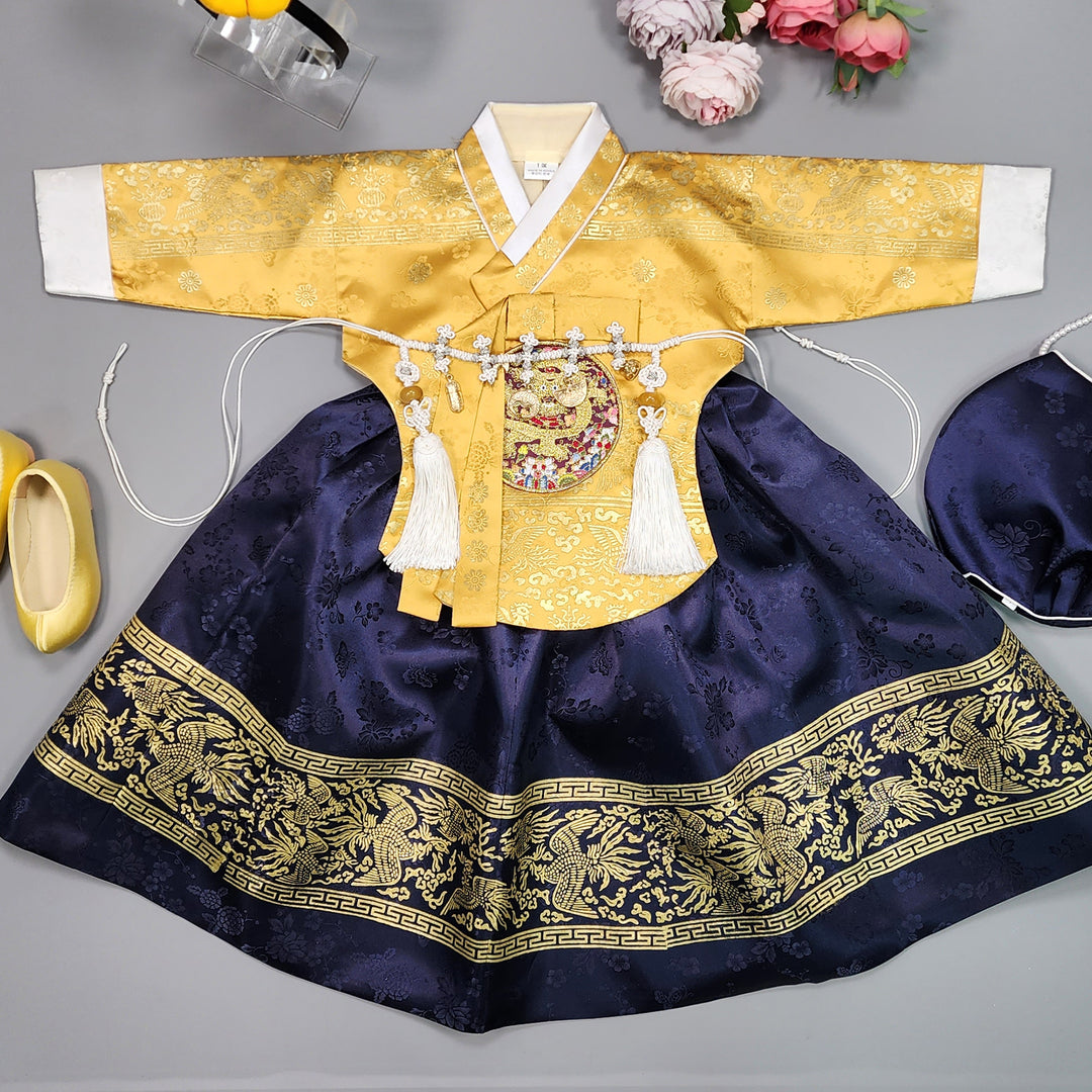 Hanbok Girl Baby Korea Traditional Clothing Set First Birthday Celebration Party Celebration 1–10 Years Gold Navy Gold Print HG116