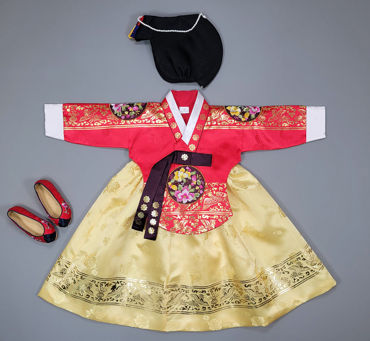 Hanbok Dress Girl Baby Korea Traditional Clothing Set First Birthday Celebration Party 100th Birth1–15 years Gold Print HG151