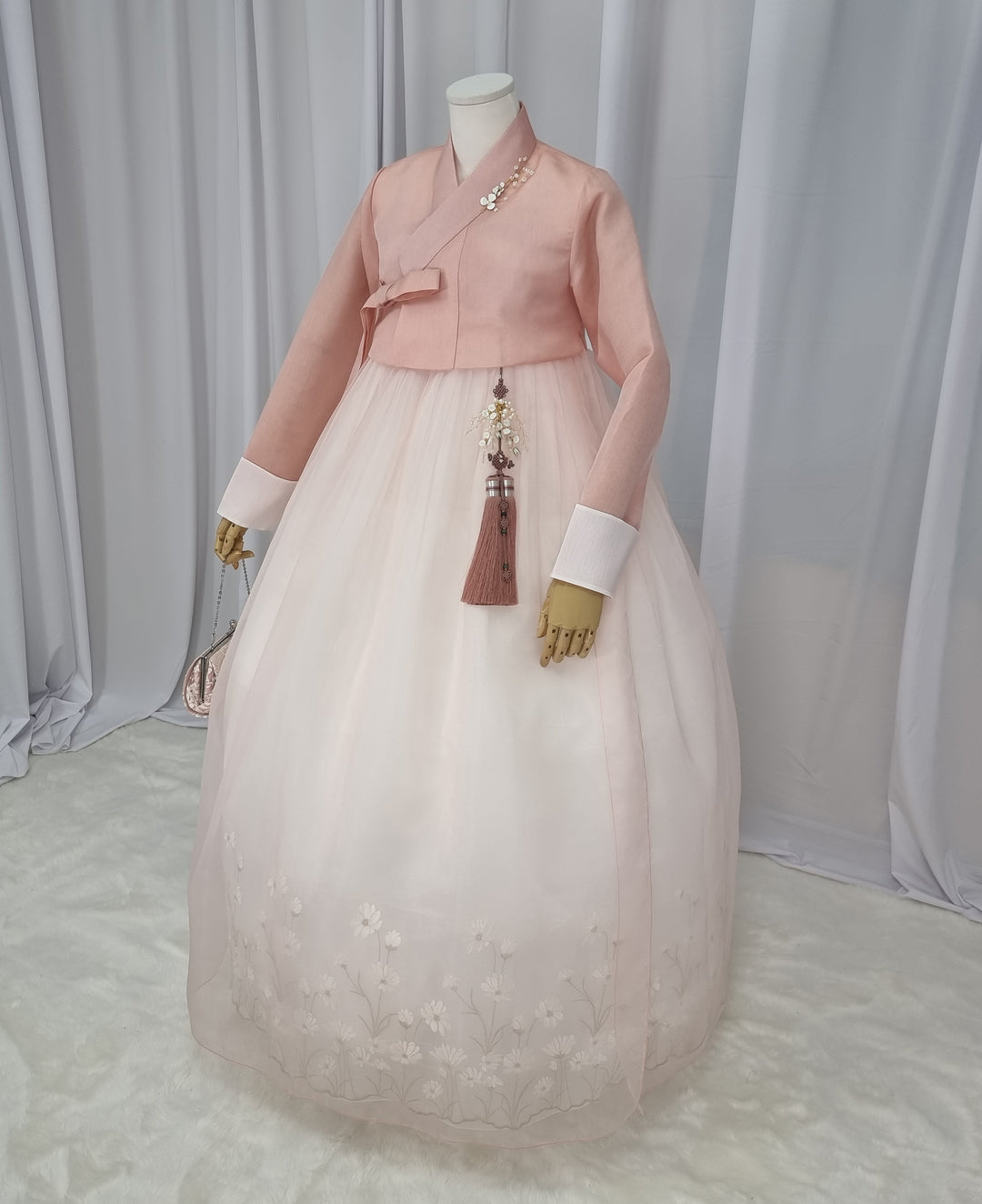 Woman Hanbok Dress Korea Traditional clothes Set Wedding Ceremony Birthday Custom-Made Peach Flower Lace OSW555