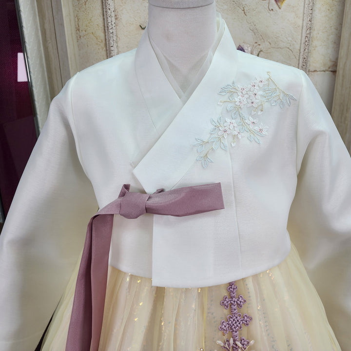 Korean Traditional Woman Personal Custom Hanbok Wedding Party Ceremony Ivory Yellow Beads Skirt Hanbok 317