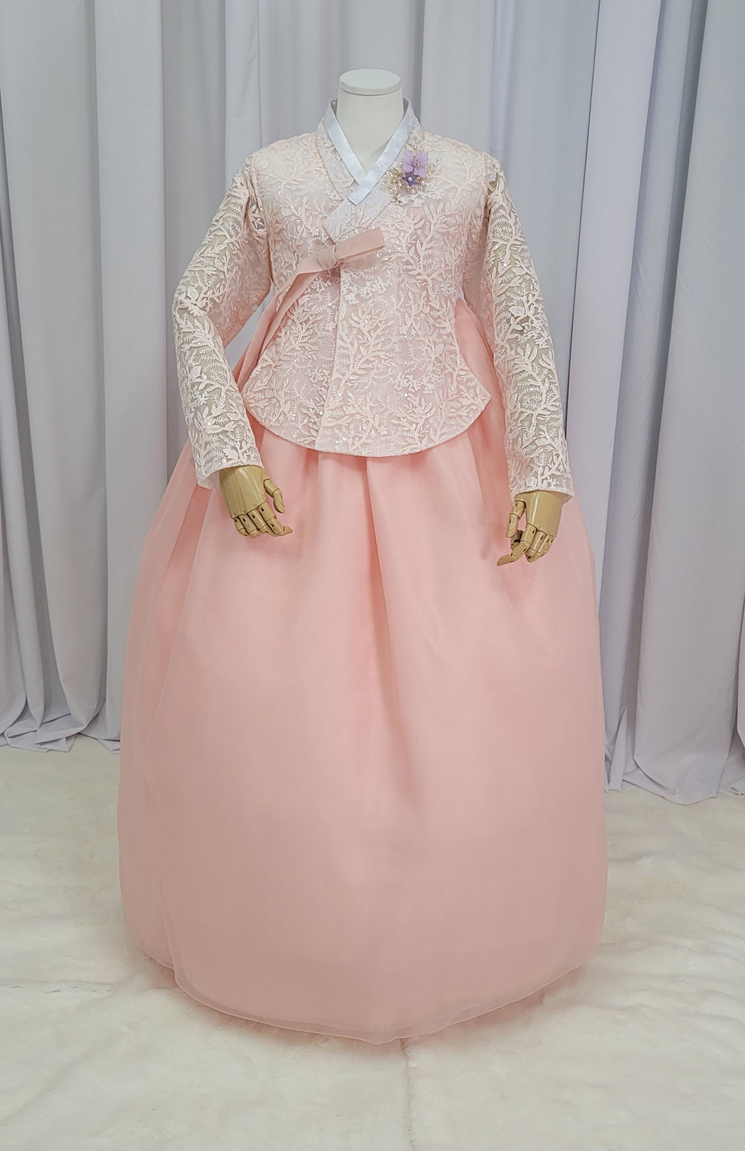 Korean Traditional Fancy Woman Personal Custom Hanbok Wedding Party Ceremony Mom Daughter Couple Look Pink Peach Lace Hanbok OSF136