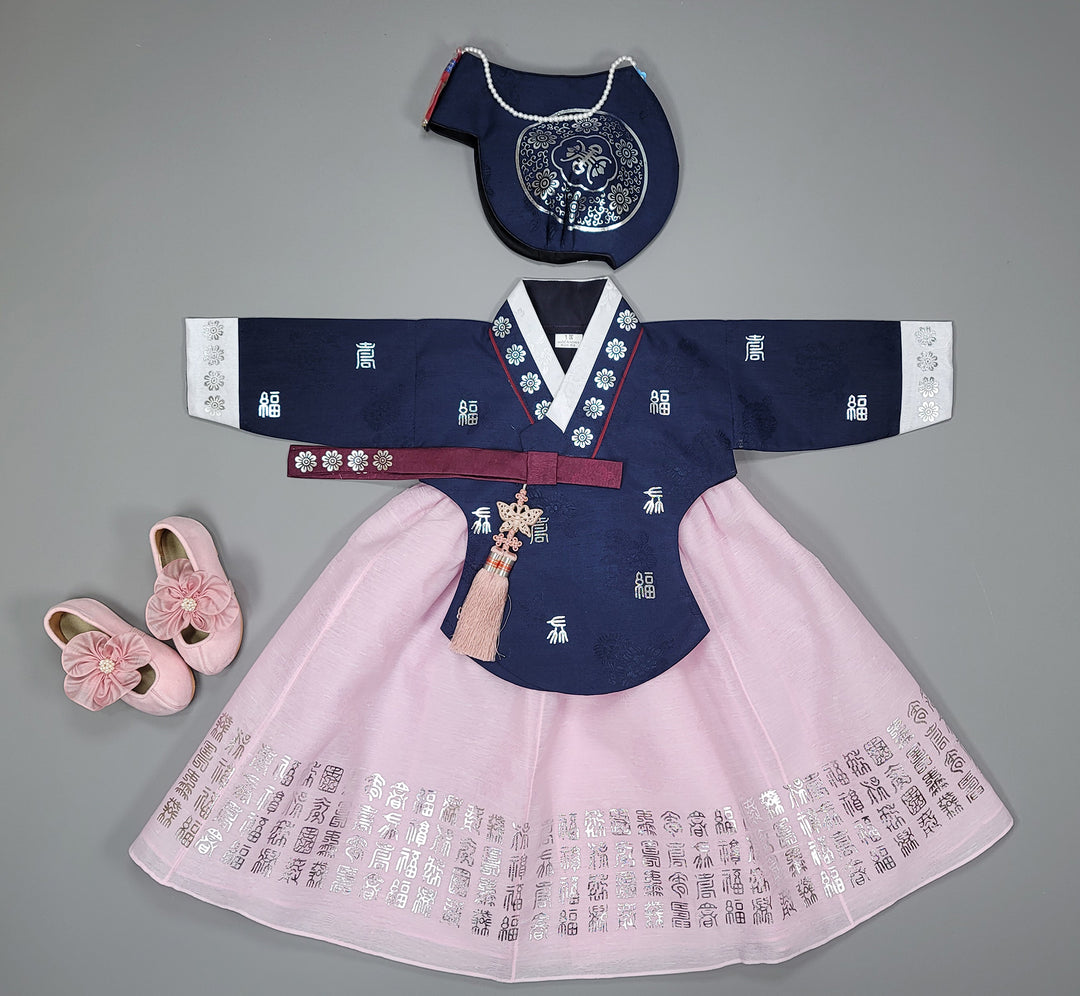 Hanbok Dress Girl Baby Korea Traditional Clothing Set First Birthday Celebration Party 100th Birth1–15 years Silver Print HG147