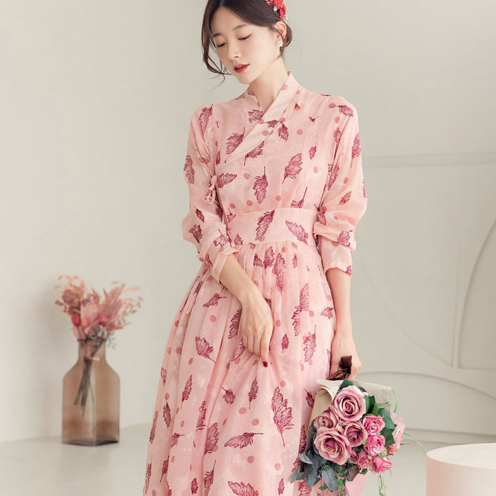 Korean Modern Hanbok Light Pink Dress Fancy Casual Daily Clothing Fusion Hanbok CHD401