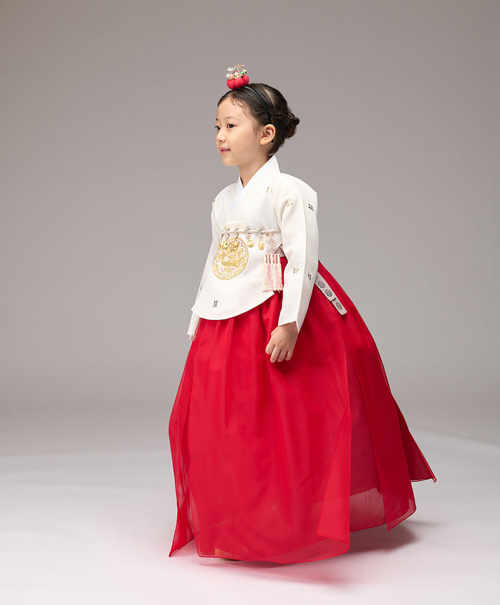 Hanbok Girl Baby Korea Traditional Clothing Set First Birthday Celebration Party 1–6 years 100th days Ivory Red Gold Print DGH122