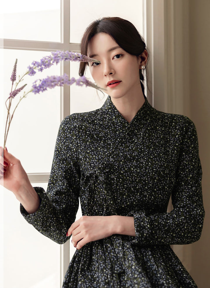 Korean Modern Hanbok Woman Junior Black Flower Dress Fall Winter Fancy Casual Daily Clothing Fusion CHD404