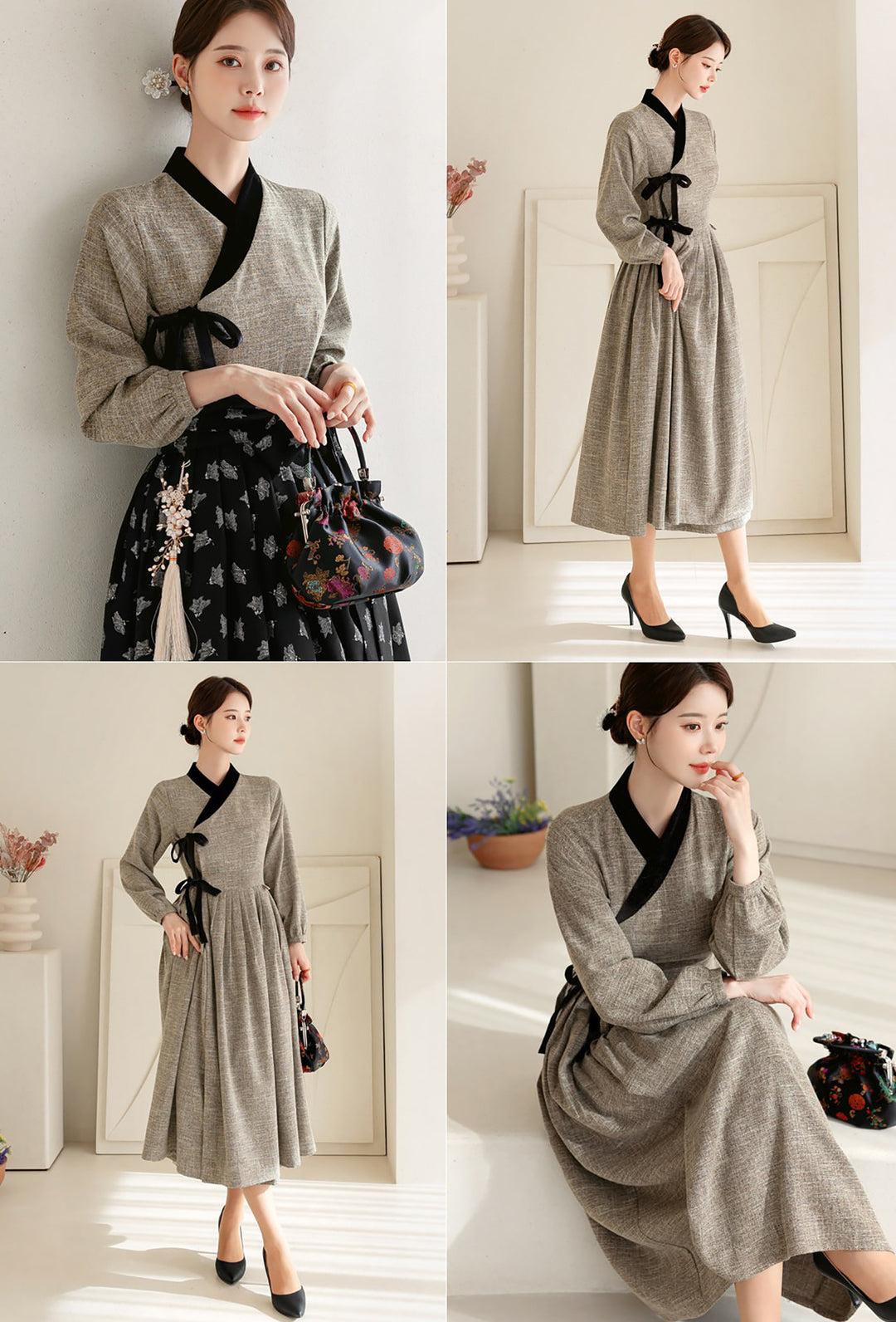 Woman Korean Modern Hanbok Gray Dress Black Wrapped Skirt Fancy Casual Daily Clothing Fusion Hanbok Party CHD408