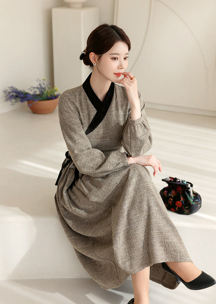 Woman Korean Modern Hanbok Gray Dress Black Wrapped Skirt Fancy Casual Daily Clothing Fusion Hanbok Party CHD408