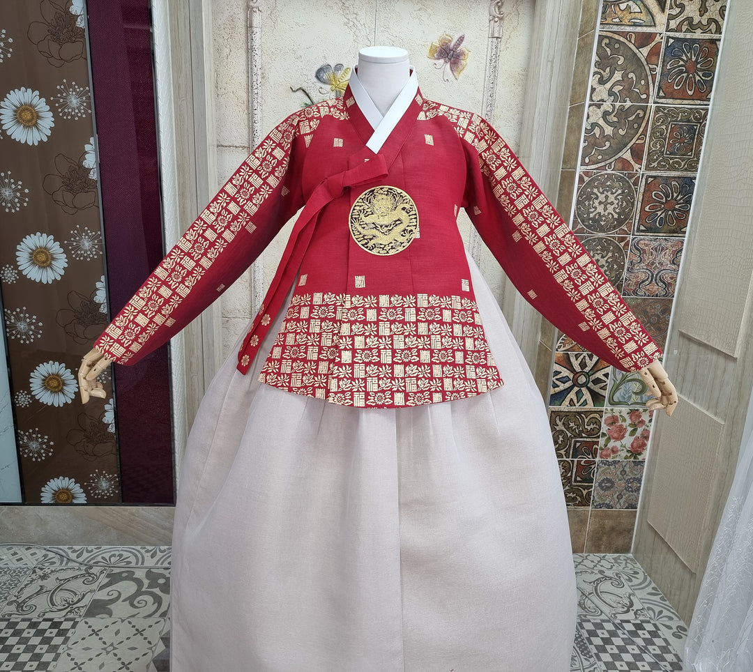 Korean Traditional Fancy Woman Personal Custom Hanbok Wedding Party Ceremony Mom Daughter Couple Look Wine Red Gold Print Hanbok OSF134