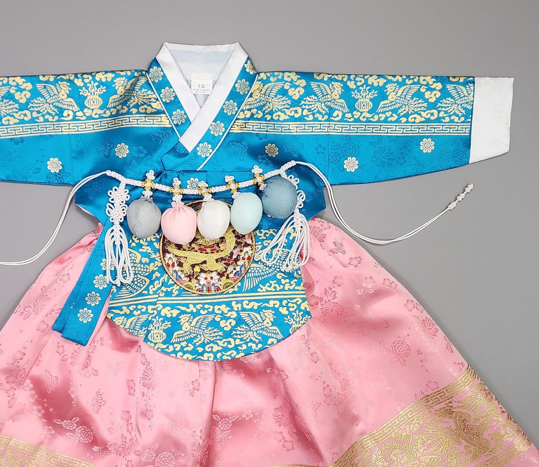 Hanbok Girl Baby Korea Traditional Clothing Set First Birthday Celebration Party Celebration 1–10 Years Blue Pink Skirt Gold Print HG127