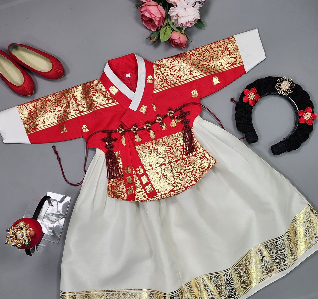 Korea Traditional Hanbok Girl Baby Red Gold Print Baikil 1–10 Years 1st Birthday Party GOG105