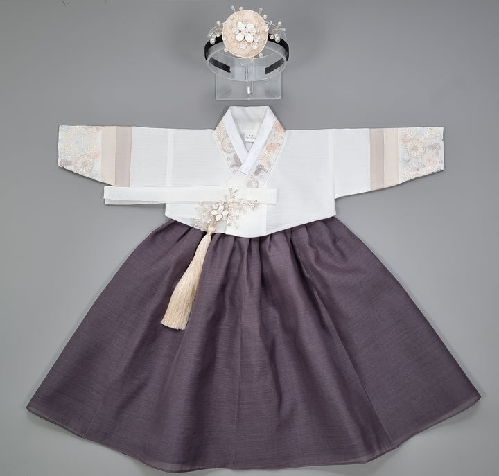 Hanbok Girl Baby Korea Traditional Clothing Set First Birthday Celebration Party 100th Birth Celebration 1 - 15 years White Embroidery Gray