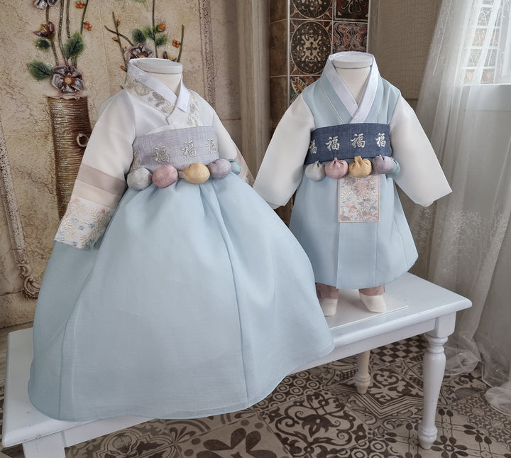 Hanbok Boy Girl Baby Korea Traditional Clothing Set First Birthday Celebration Party 100th Birth Celebration 1–15 years Light Blue HGB205