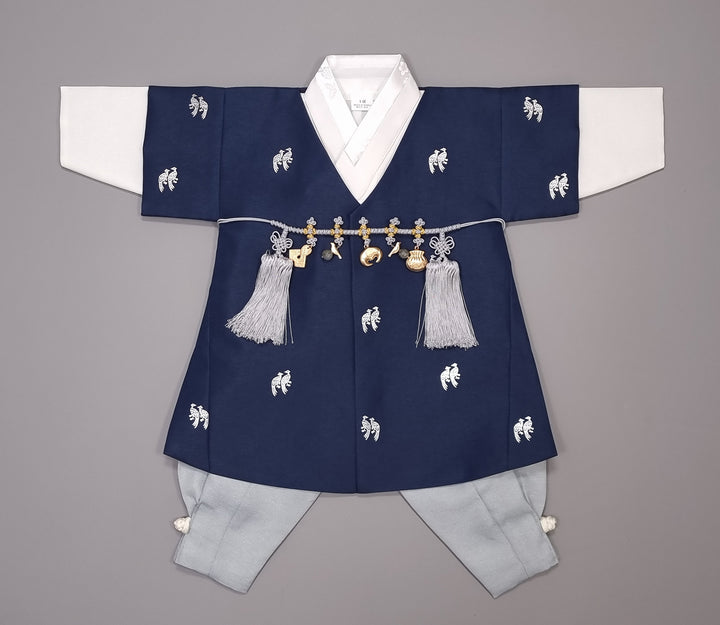 Korean Traditional Boy Baby Hanbok Dol Baikil Party Celebration 100th-10 Ages ㅠBird Silver Print HGB112