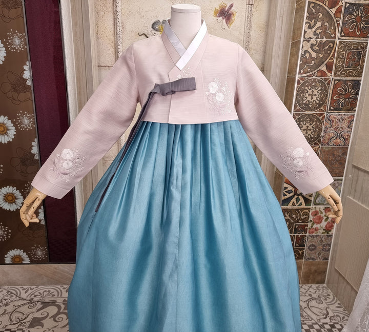 Korean Traditional Woman Personal Custom Hanbok Wedding Party Ceremony Lovely Pink Embroidery Blue Hanbok Skirt Mom Grandmom Hanbok OSW137