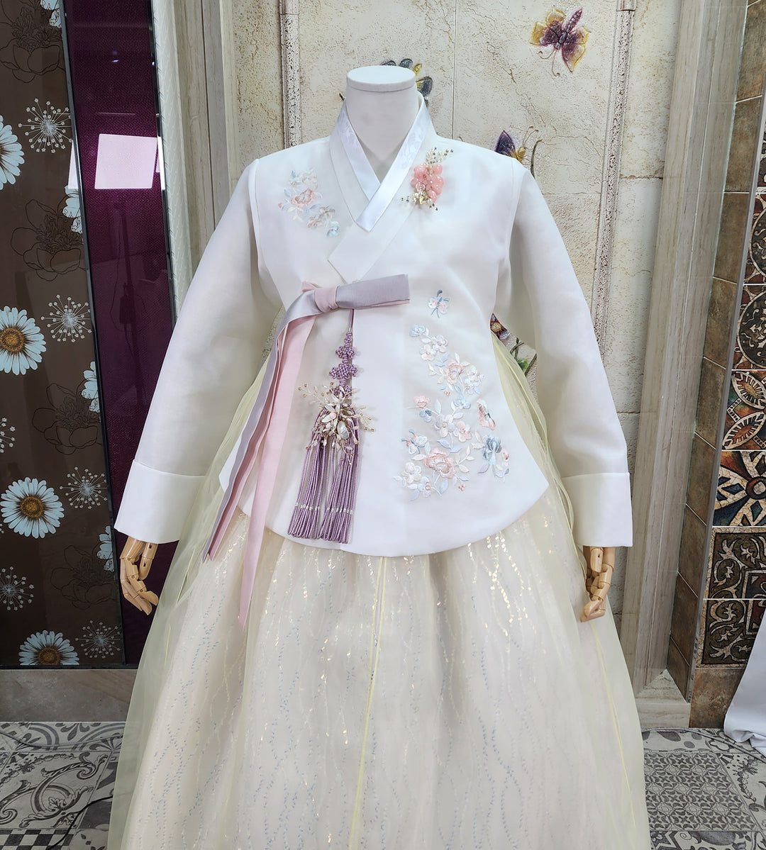 Korean Traditional Woman Personal Custom Hanbok Wedding Party Ceremony Ivory Embroidery Beads Skirt Hanbok 318