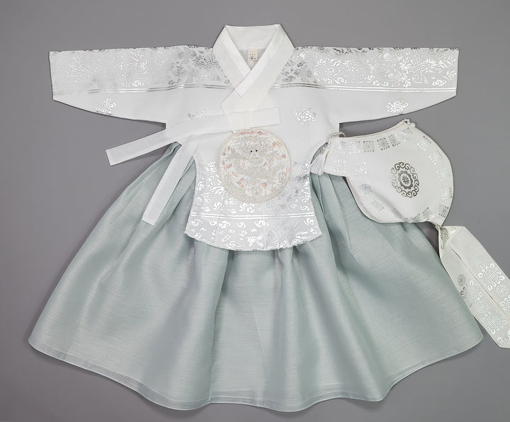 Hanbok Girl Baby Korea Traditional Clothing Set First Birthday Celebration Party Celebration 1–15 years White Mint Silver Print OSG327