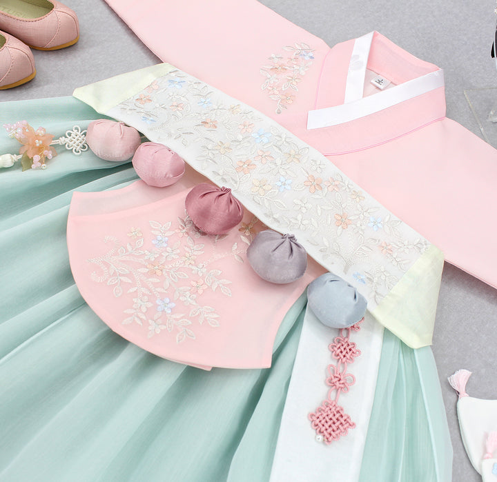 Hanbok Girl Baby Korea Traditional Clothing Set First Birthday Celebration Party Celebration 1–8 years Pink Mint Embroidery DGH107