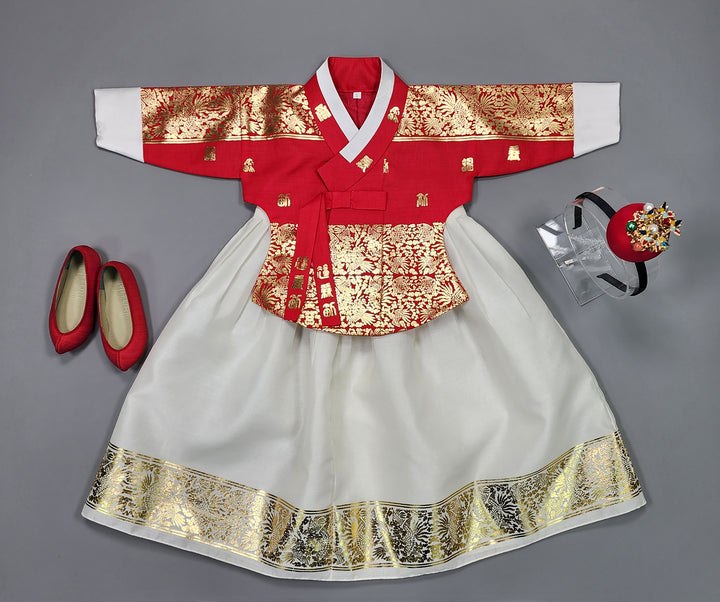 Korea Traditional Hanbok Girl Baby Red Gold Print Baikil 1–10 Years 1st Birthday Party GOG105