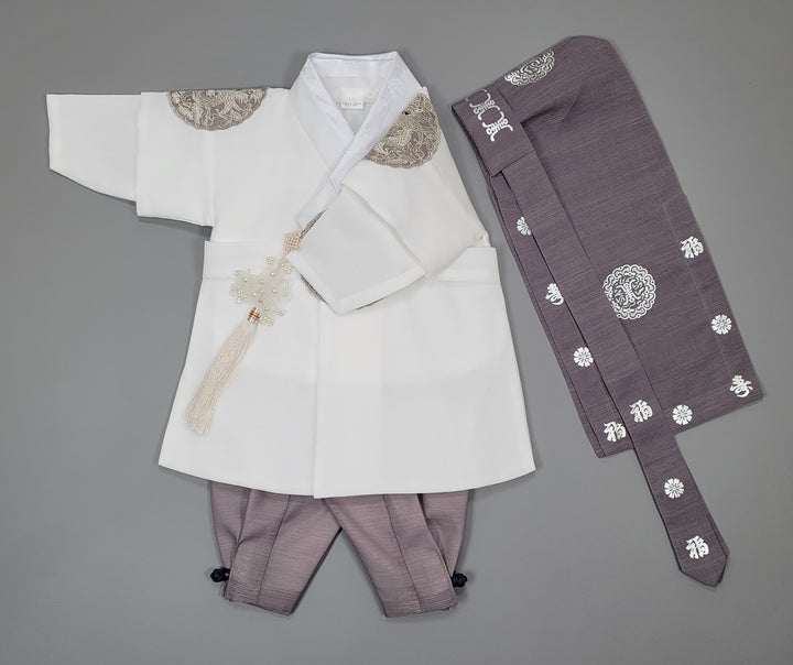 Korean Traditioanl Boy Baby Hanbok Dol Baikil Party Celebration 100th-8 Ages White Kings Design