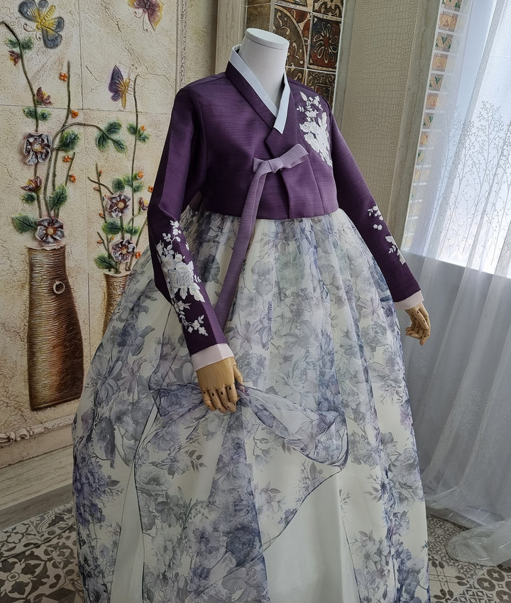 Korean Traditional Woman Personal Custom Hanbok Wedding Party Ceremony Purple Flower Print Hanbok Skirt Mom Grandmom Hanbok OSW140