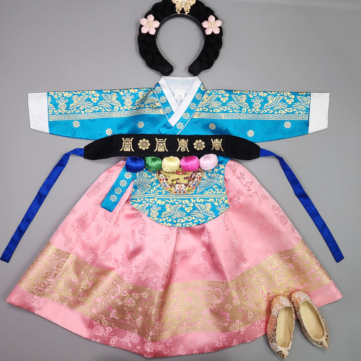 Hanbok Girl Baby Korea Traditional Clothing Set First Birthday Celebration Party Celebration 1–10 Years Blue Pink Skirt Gold Print HG127