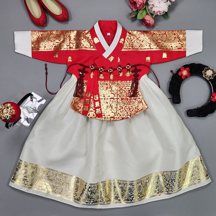 Korea Traditional Hanbok Girl Baby Red Gold Print Baikil 1–10 Years 1st Birthday Party GOG105