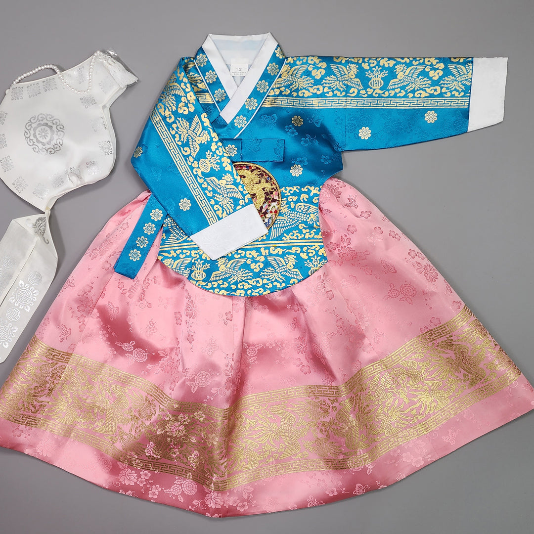 Hanbok Girl Baby Korea Traditional Clothing Set First Birthday Celebration Party Celebration 1–10 Years Blue Pink Skirt Gold Print HG127